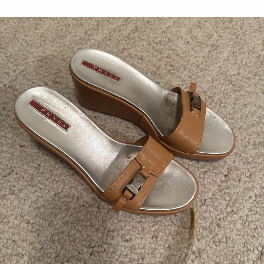 Leather Prada Wedge Tan Beige Camel Sandals Shoes Women’s Size 39 9 Platform